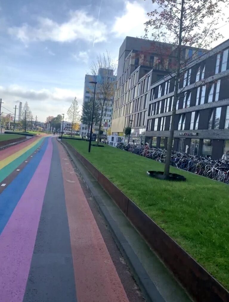 Eine bunte Straße in der Stadt, die wie ein Regenbogen bemalt ist.