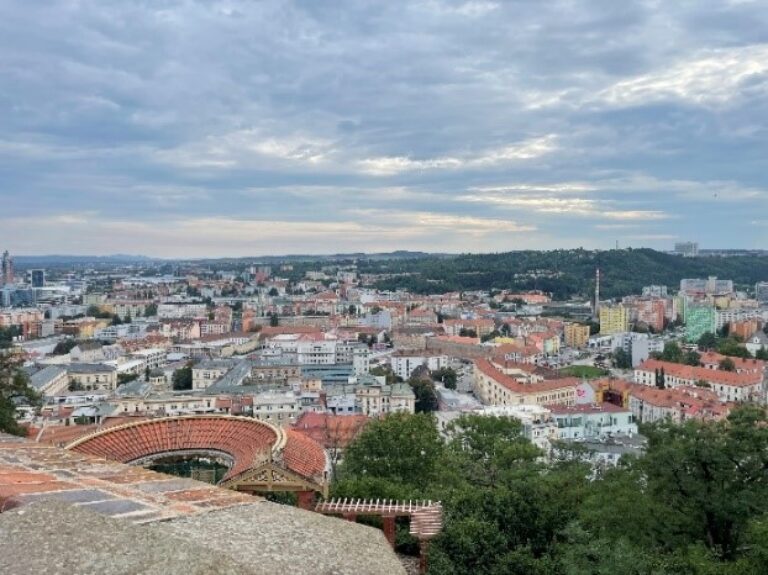 Blick von oben auf die Stadt.
