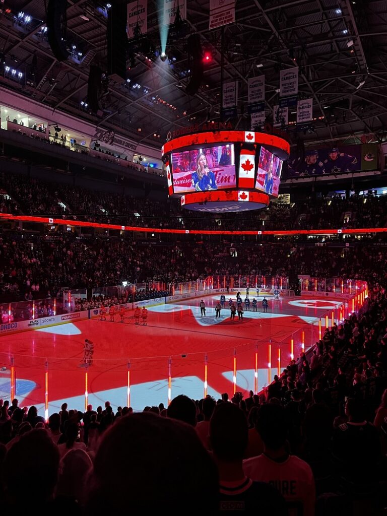Eishockeyspiel in großer Arena.
